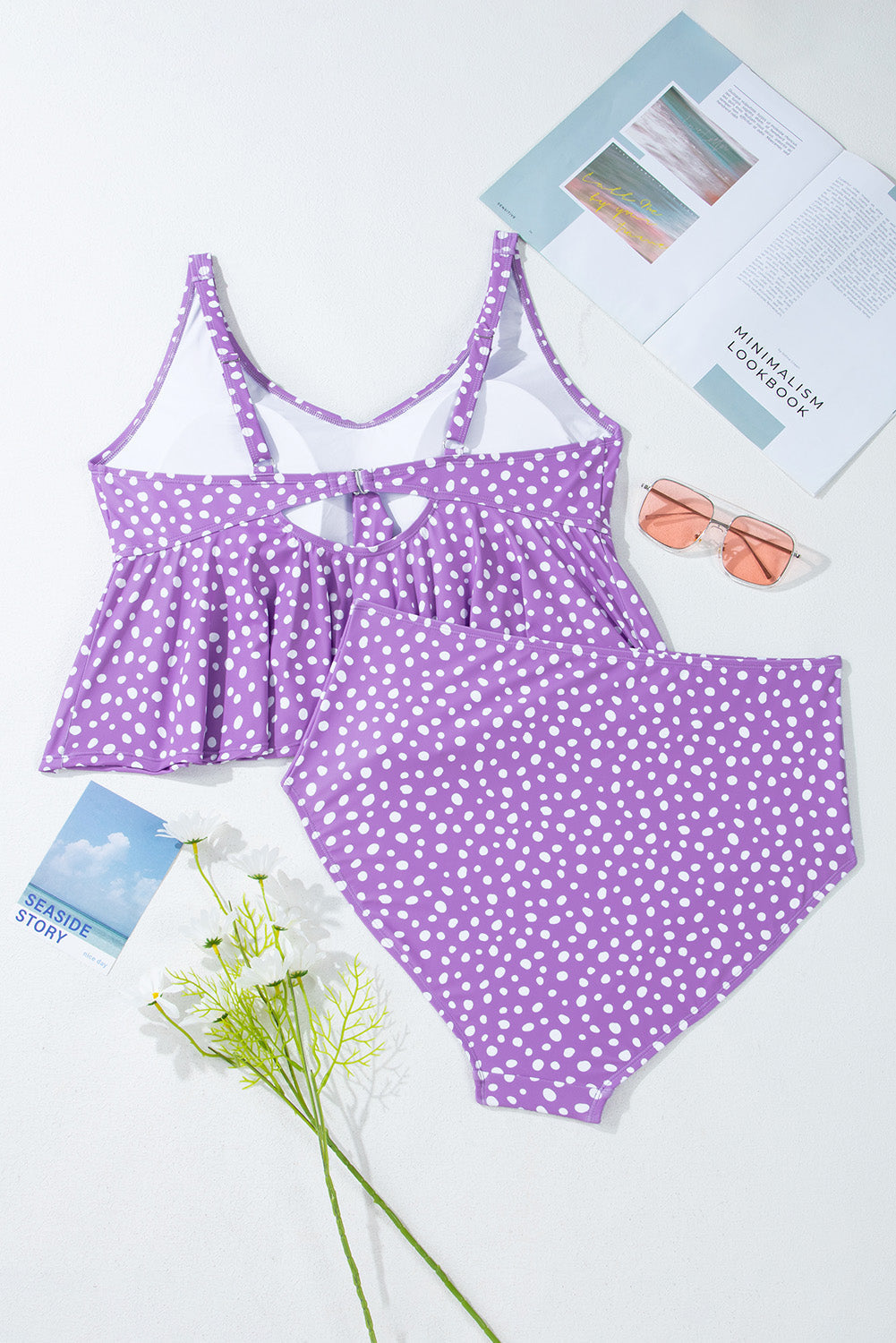 Purple Plus Size Polka Dot Print Ruffled Knotted V Neck Tankini Set
