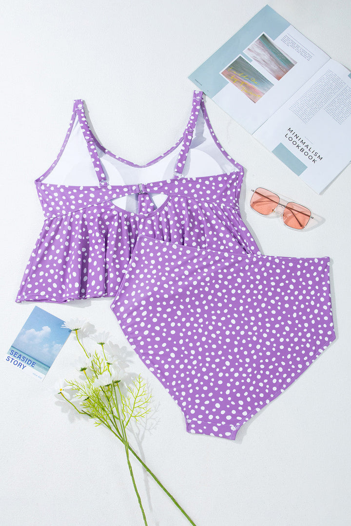 Purple Plus Size Polka Dot Print Ruffled Knotted V Neck Tankini Set