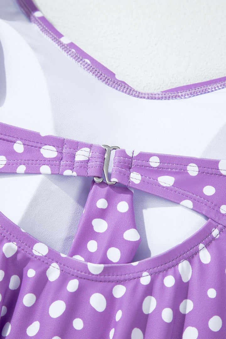 Purple Plus Size Polka Dot Print Ruffled Knotted V Neck Tankini Set