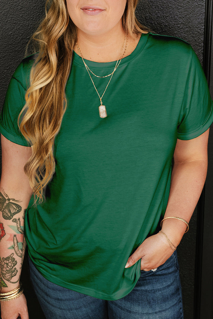 Round Neck Rolled Sleeve Plus Size T-shirt