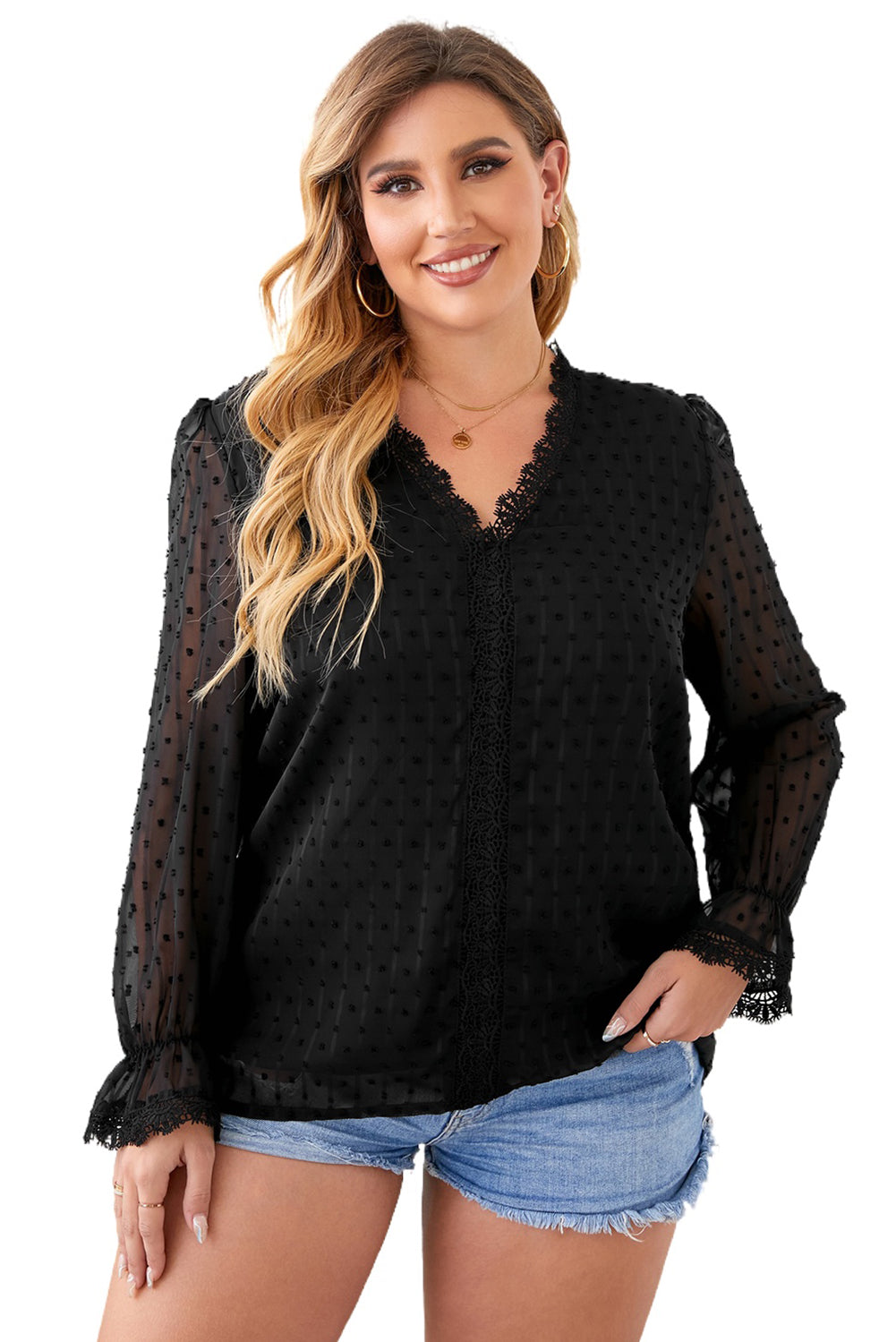 Swiss Dot Lace Splicing Plus Size Blouse