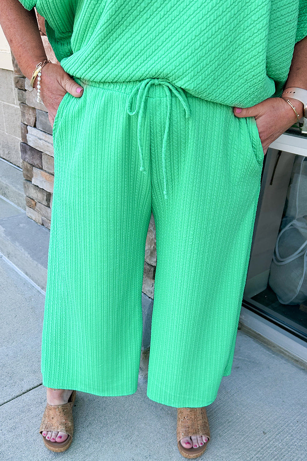 Textured Batwing Sleeve Tee Wide Leg Pants Plus Size Set