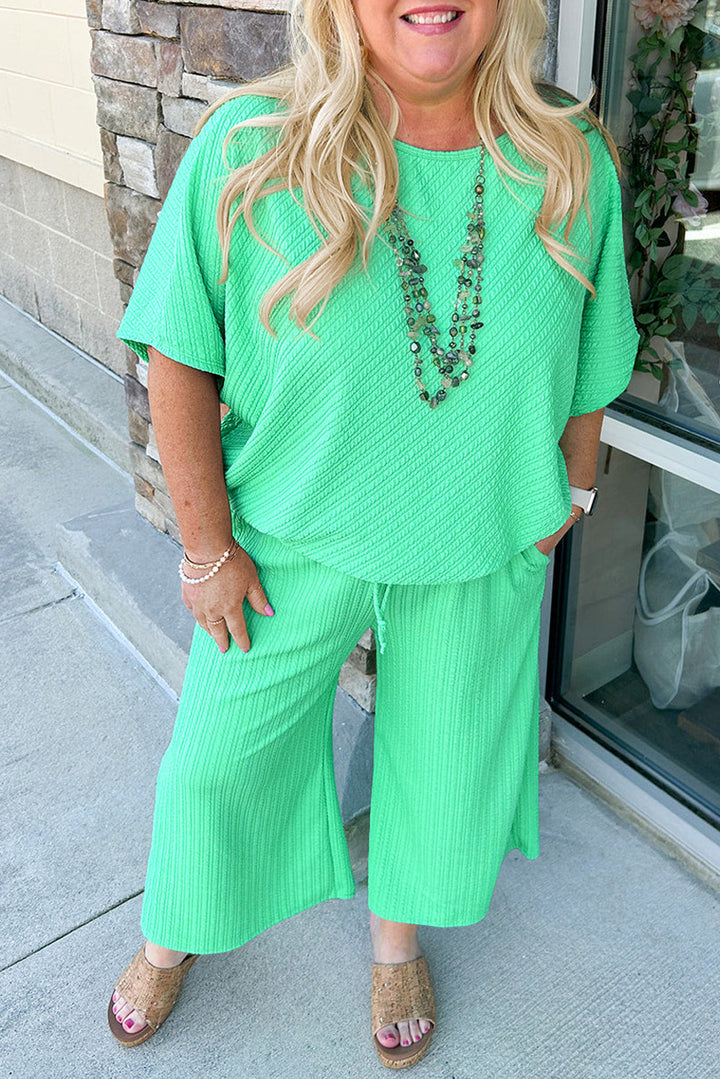 Textured Batwing Sleeve Tee Wide Leg Pants Plus Size Set