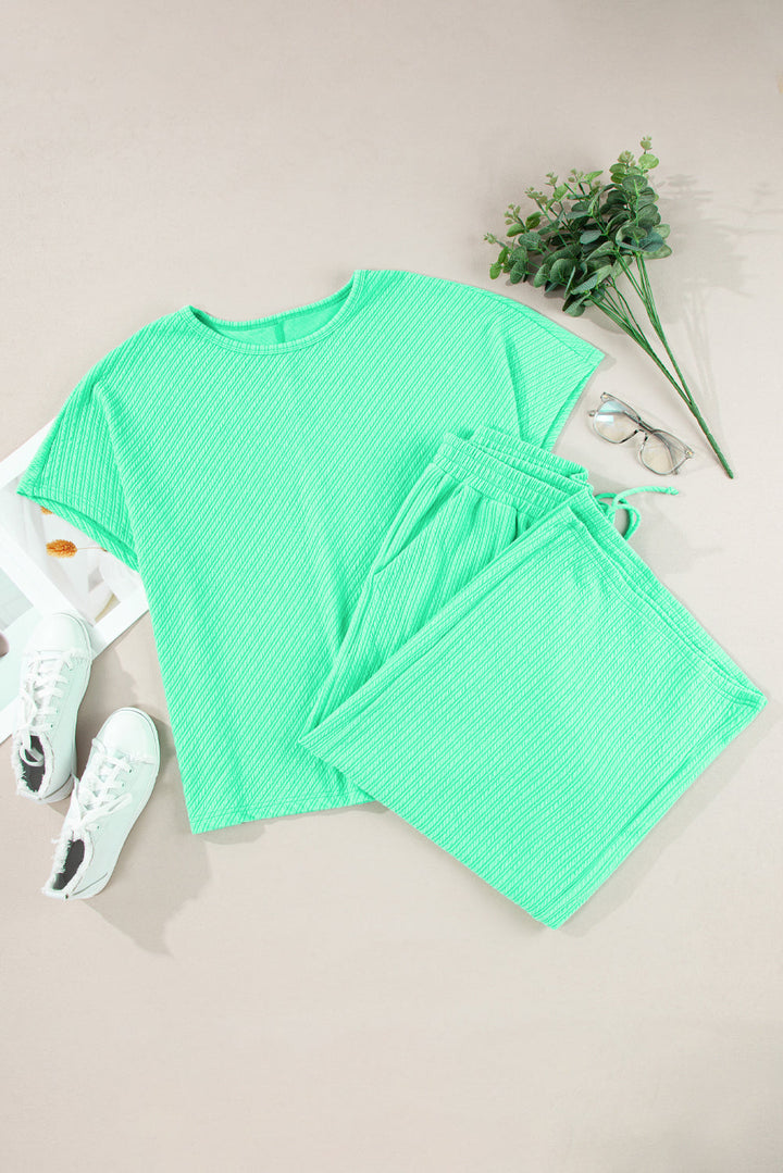 Textured Batwing Sleeve Tee Wide Leg Pants Plus Size Set