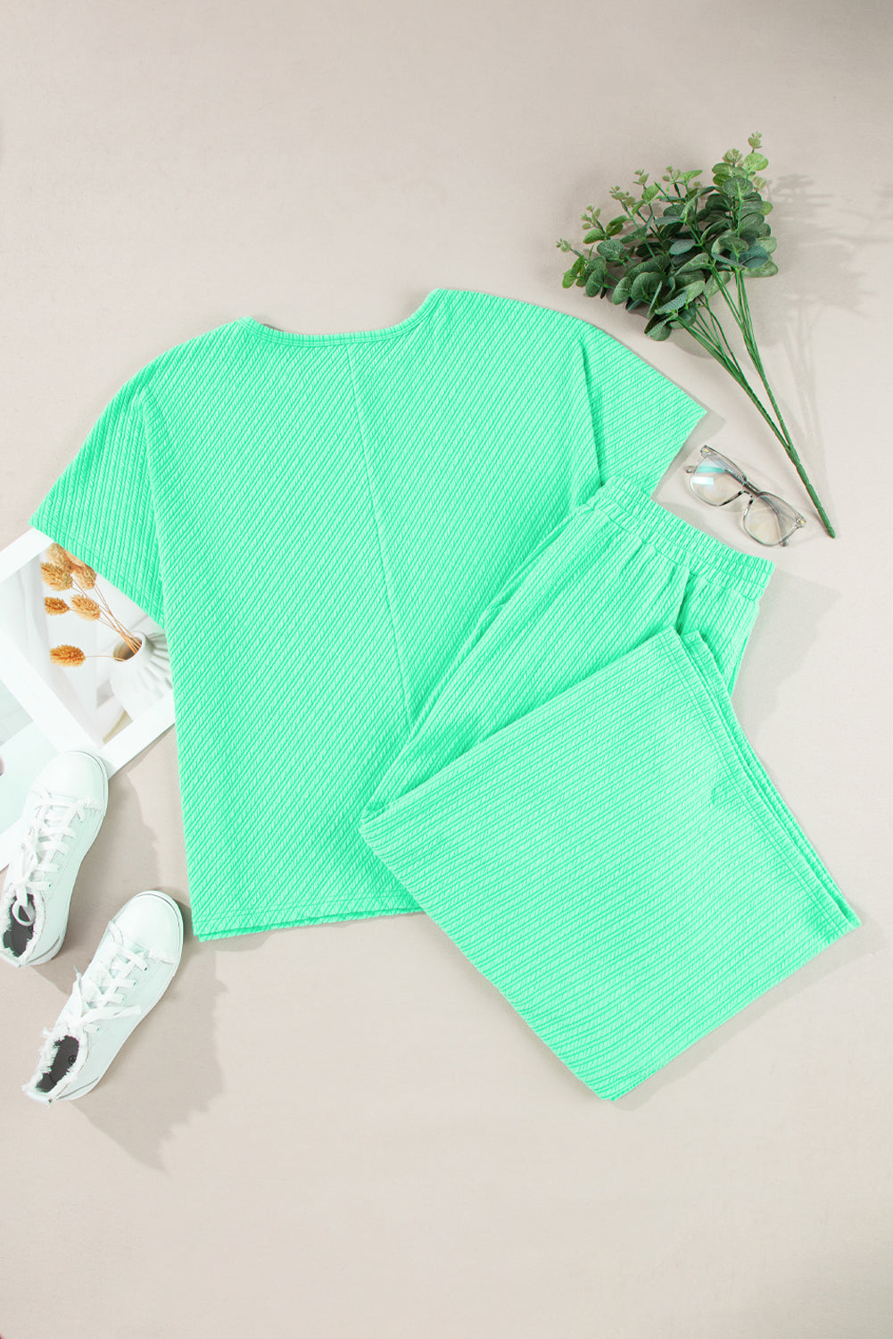 Textured Batwing Sleeve Tee Wide Leg Pants Plus Size Set