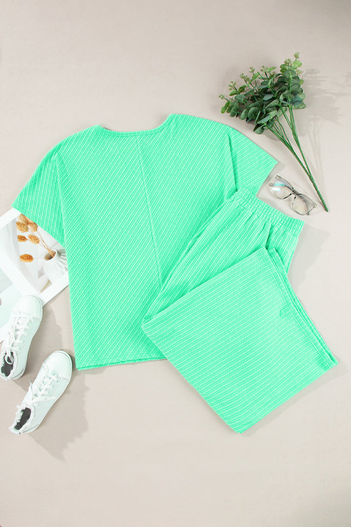 Textured Batwing Sleeve Tee Wide Leg Pants Plus Size Set