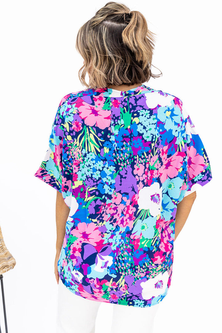 V Neck Dolman Sleeve Plus Size Floral Blouse