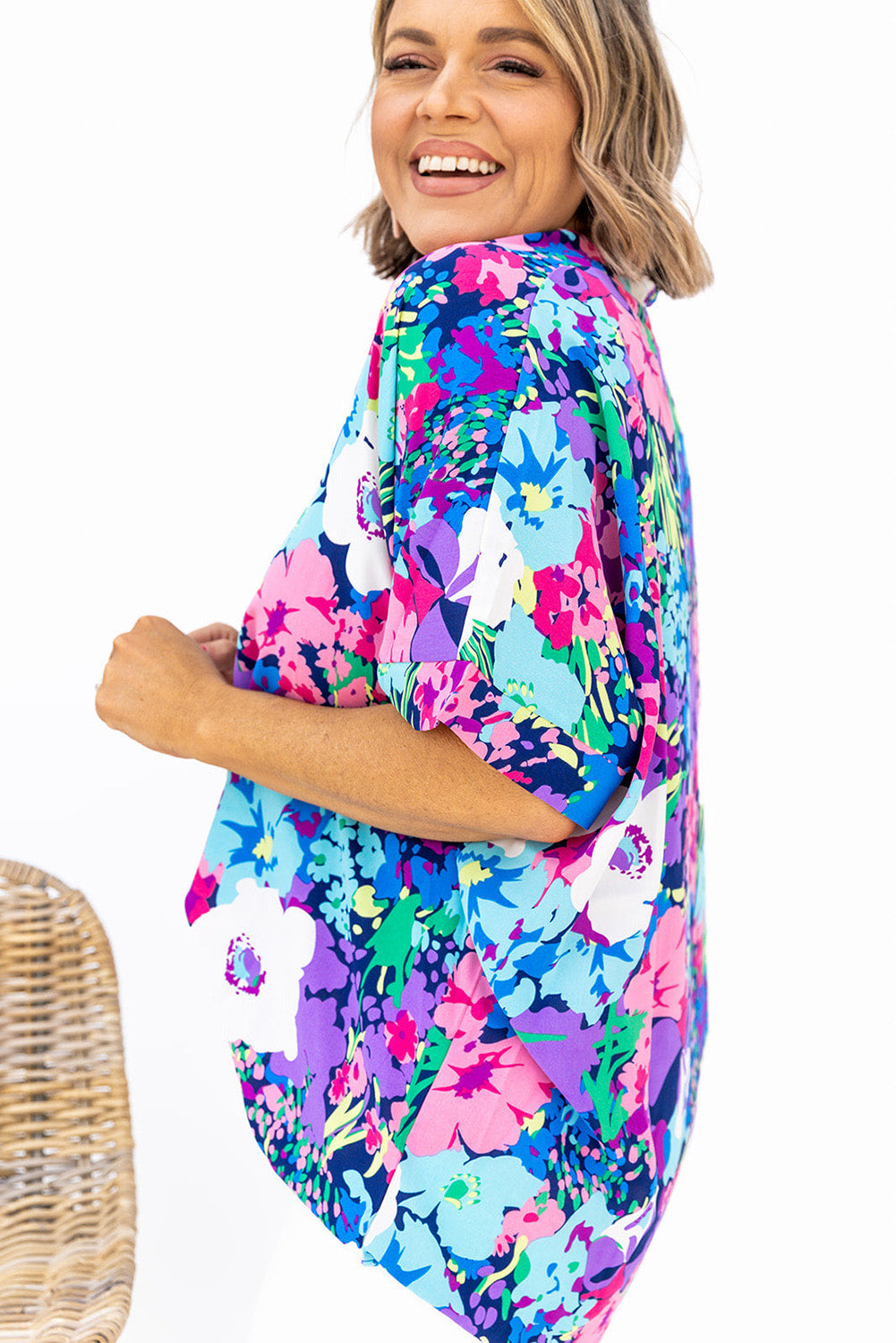 V Neck Dolman Sleeve Plus Size Floral Blouse