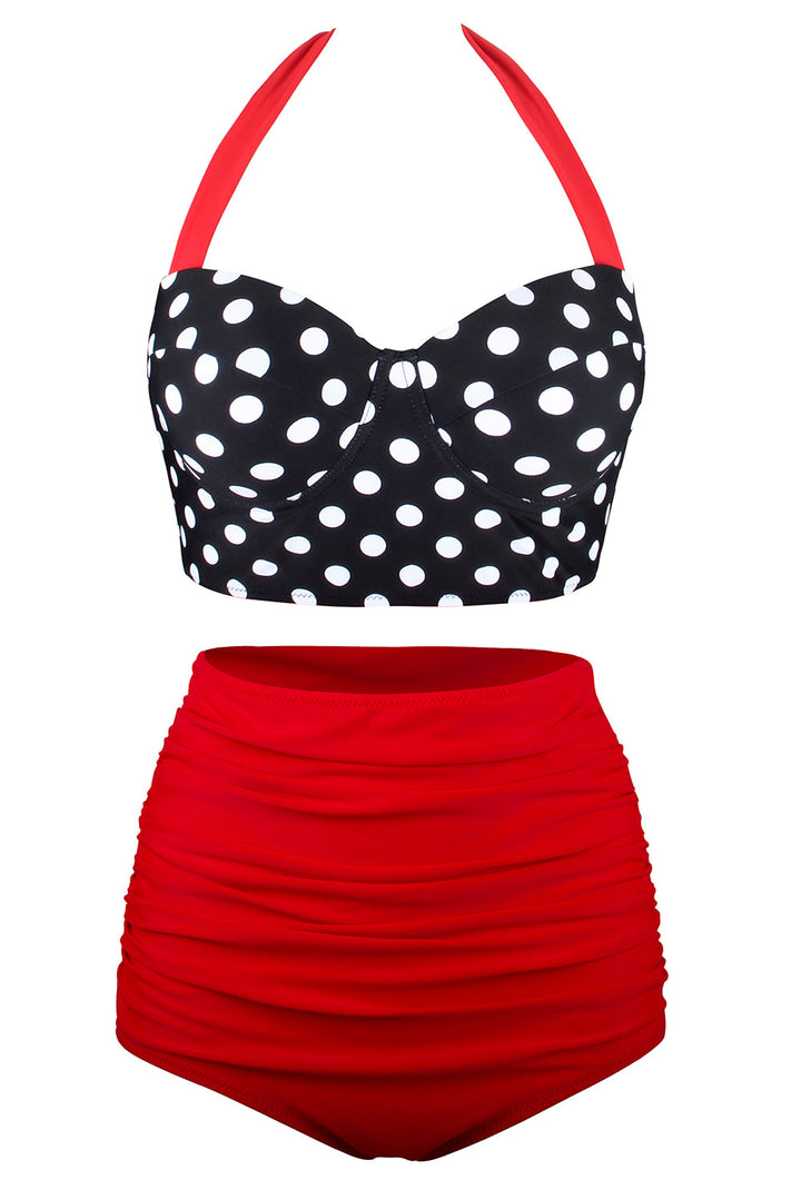 Vintage Halter Push Up Polka Dot High Waist Tummy Control Plus Size Bikini