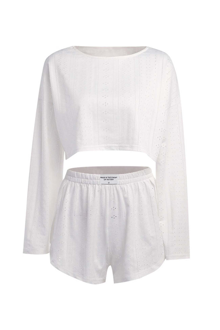 Hollow Long Sleeve Shorts Slit Two-Piece Set