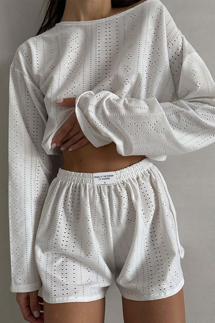 Hollow Long Sleeve Shorts Slit Two-Piece Set