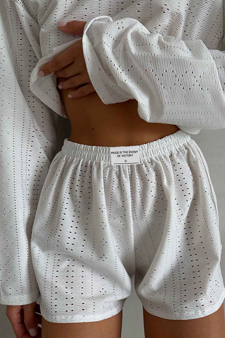 Hollow Long Sleeve Shorts Slit Two-Piece Set