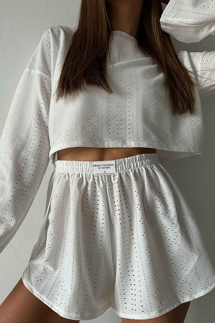 Hollow Long Sleeve Shorts Slit Two-Piece Set