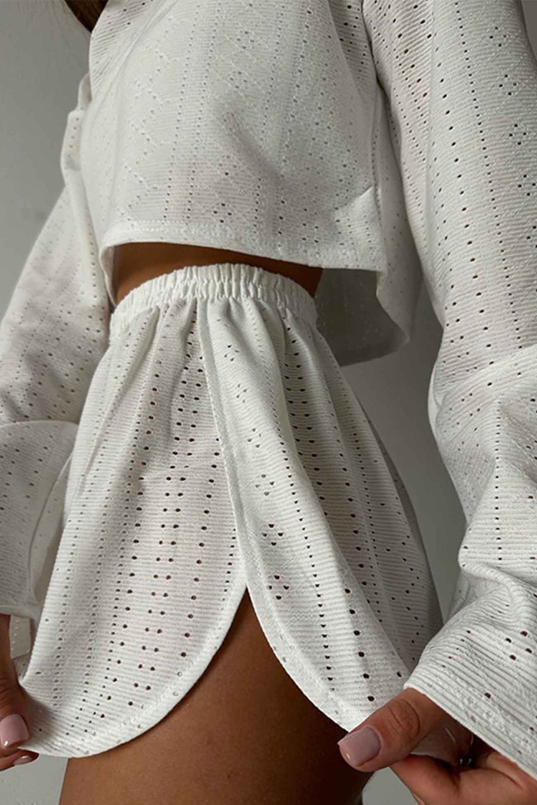 Hollow Long Sleeve Shorts Slit Two-Piece Set