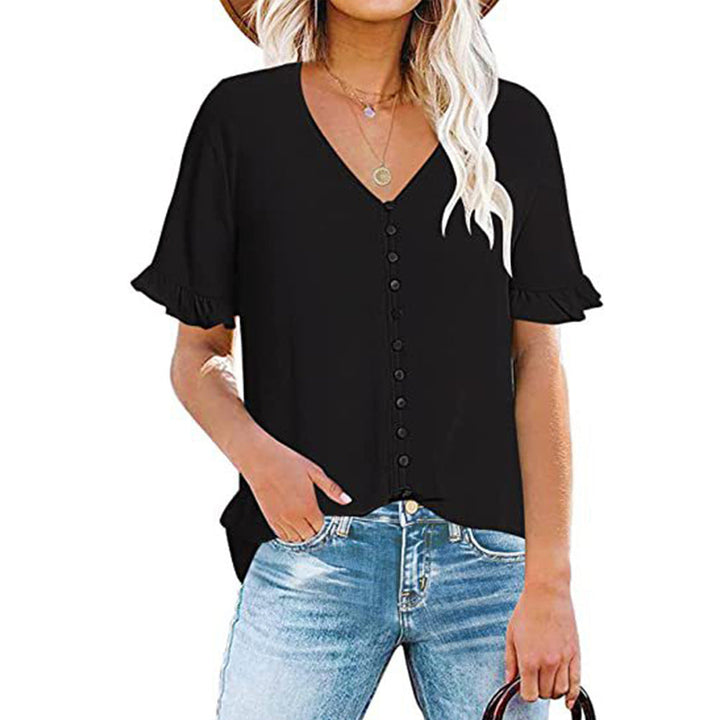 Women's Ruffle V-Neck Button-Down Shirt - Clevecorner
