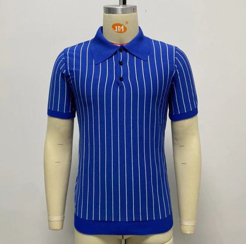 Striped Slim-Fit Short Sleeve Business Shirt with Lapel