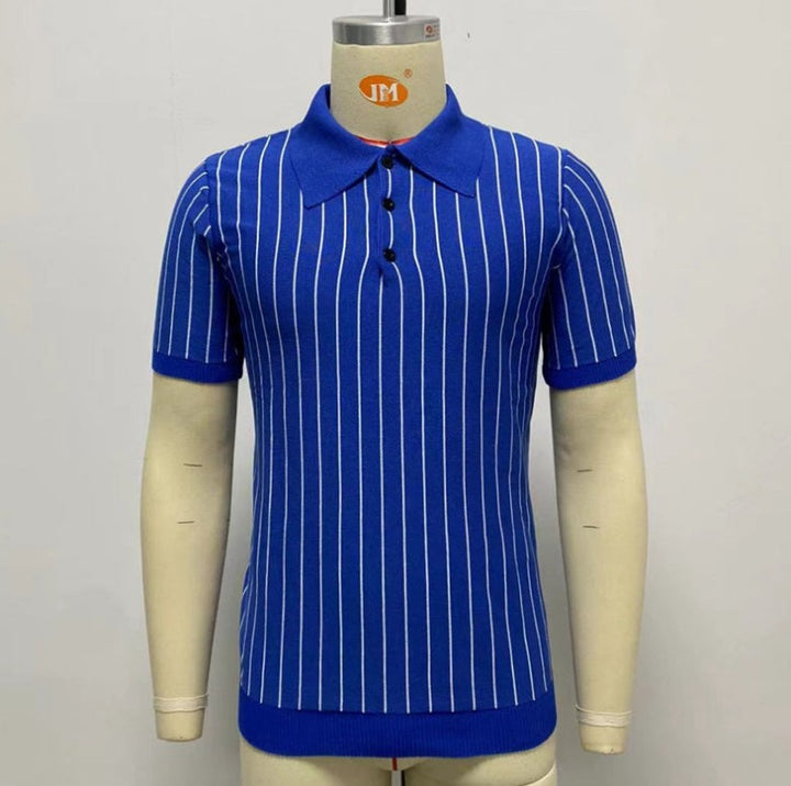 Striped Slim-Fit Short Sleeve Business Shirt with Lapel