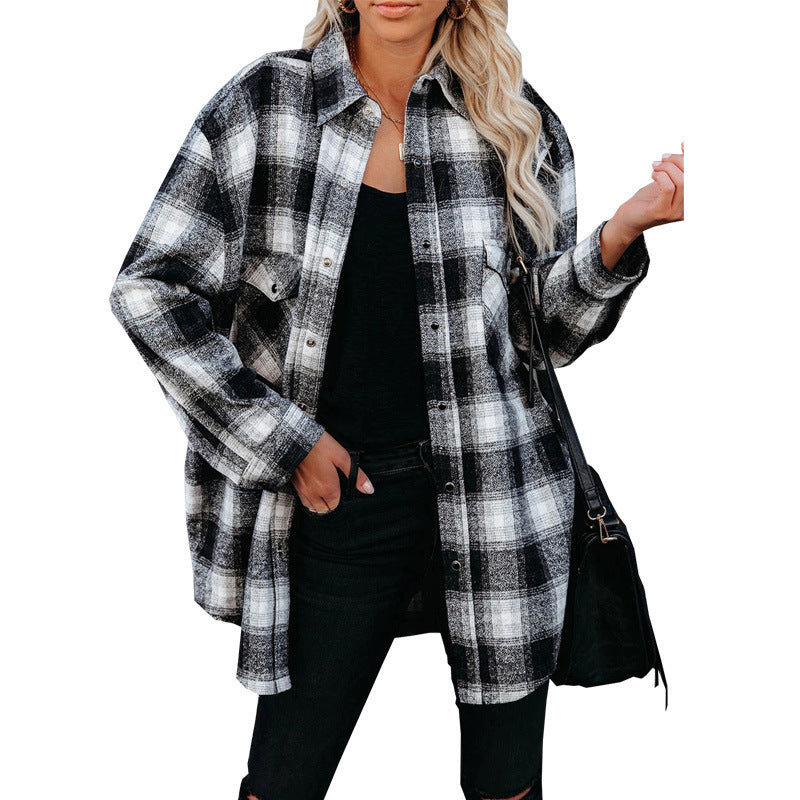 Women's Plaid Mid Length Loose Lapel Cardigan Shirt - Clevecorner