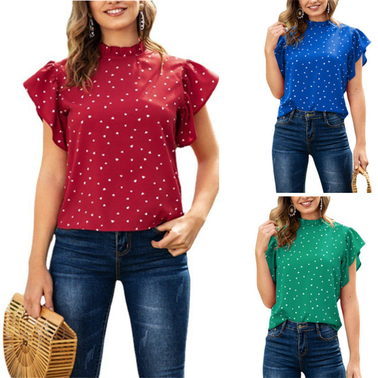 Summer Stand Collar Love Stitching Top - Clevecorner