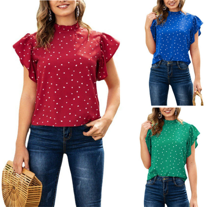 Summer Stand Collar Love Stitching Top - Clevecorner