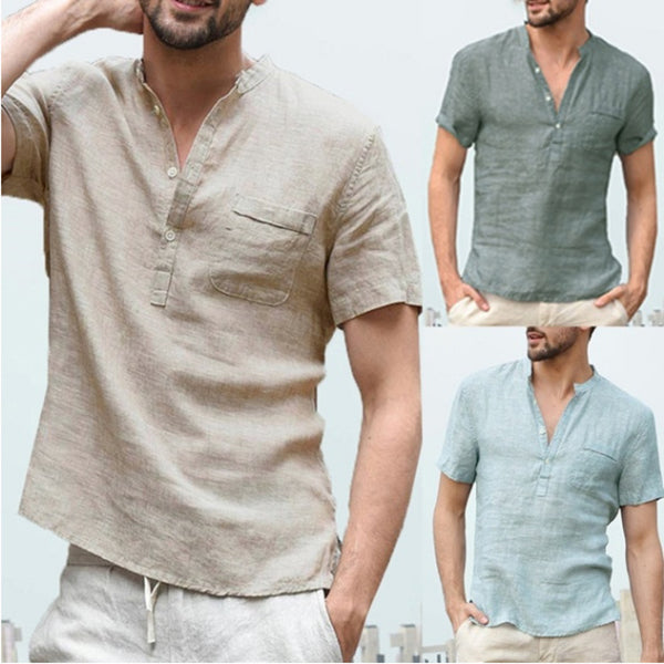 Casual Linen Solid Color Button V-Neck Beach Shirt
