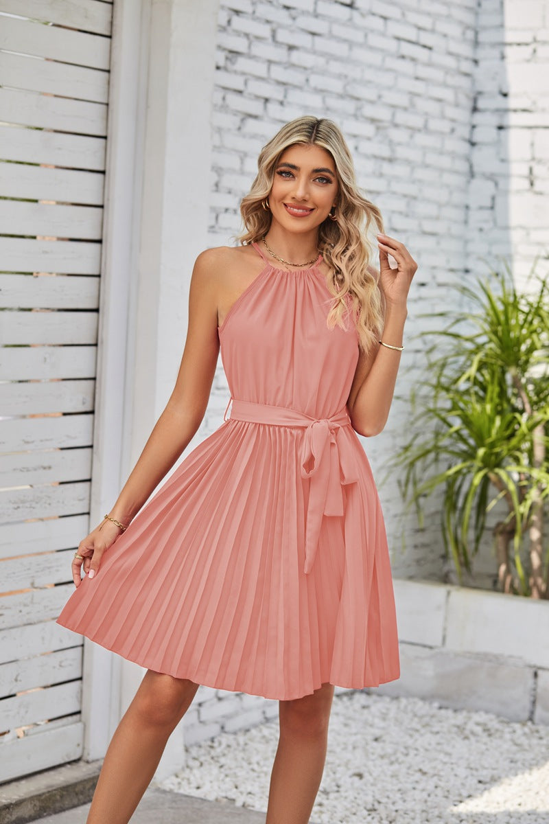 Women's Solid Pleated Skirt Summer Beach Dress