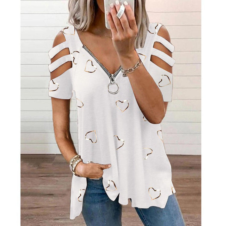 V-neck Zipper Print Short Sleeve Loose Casual T-shirt - Clevecorner
