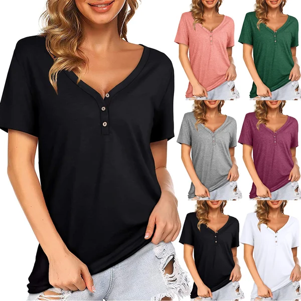 Summer V-neck Button T-shirt - Clevecorner