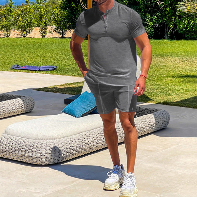Men's Casual Athletic Solid Color Henley Two-Piece Suit