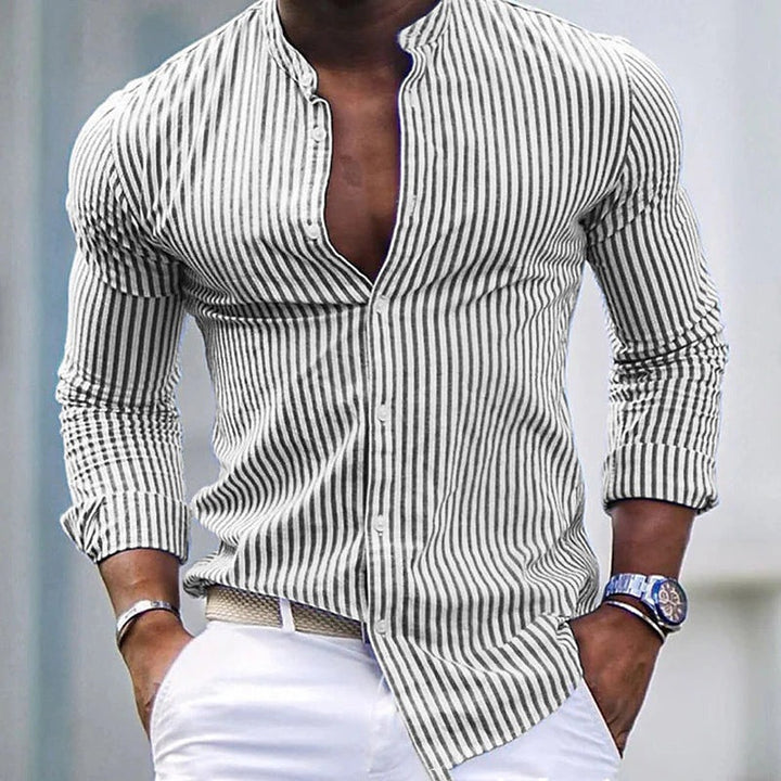 Casual Striped Long Sleeve Shirt with Stand Collar