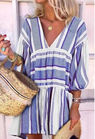 Women's Striped Print V Neck Three Quarter Sleeve Dress - Clevecorner