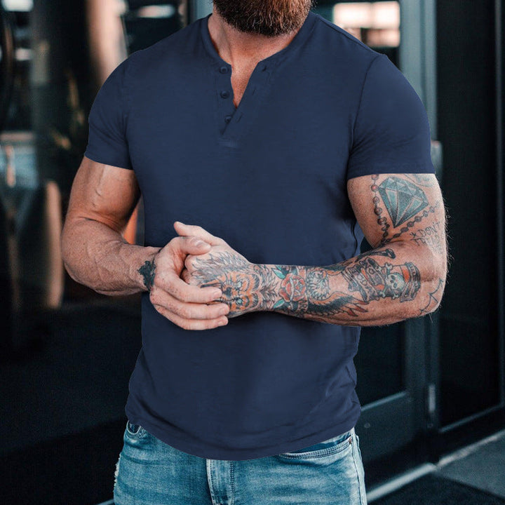 Men's Casual Henley Round Neck Solid Color T-Shirt