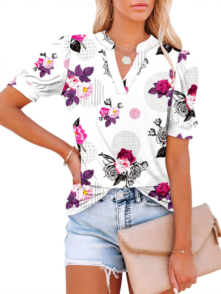 Fashion V-Neck Print Loose Casual Puff Sleeve Pullover Top