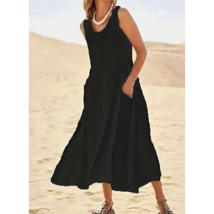 Sleeveless Cotton And Linen Solid Color Beach Dress With Big Swing Skirt