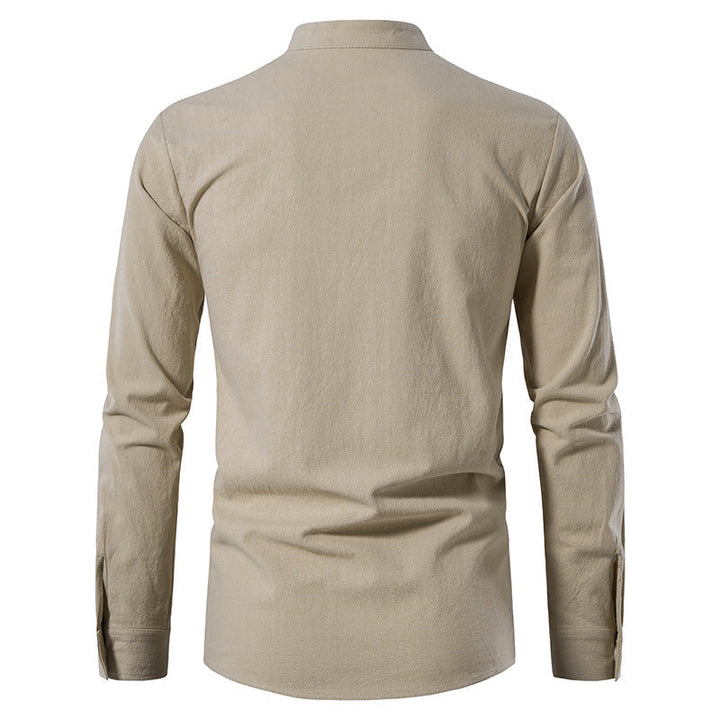 Cotton Linen Henley Long Sleeve Collar Shirt
