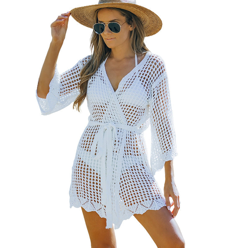 Women's New Knitted Crochet Cutout Tie Beach Blouse - Clevecorner