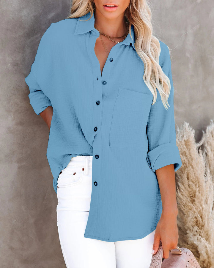 Simple Cotton Linen Long Sleeve V Neck Button Ladies Shirt