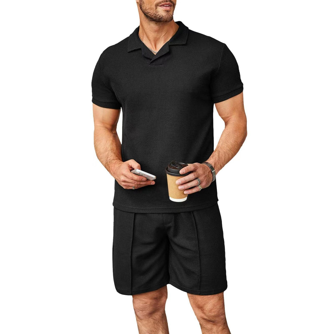 Men's Waffle Style Casual Polo Shirt 2 Pcs Set