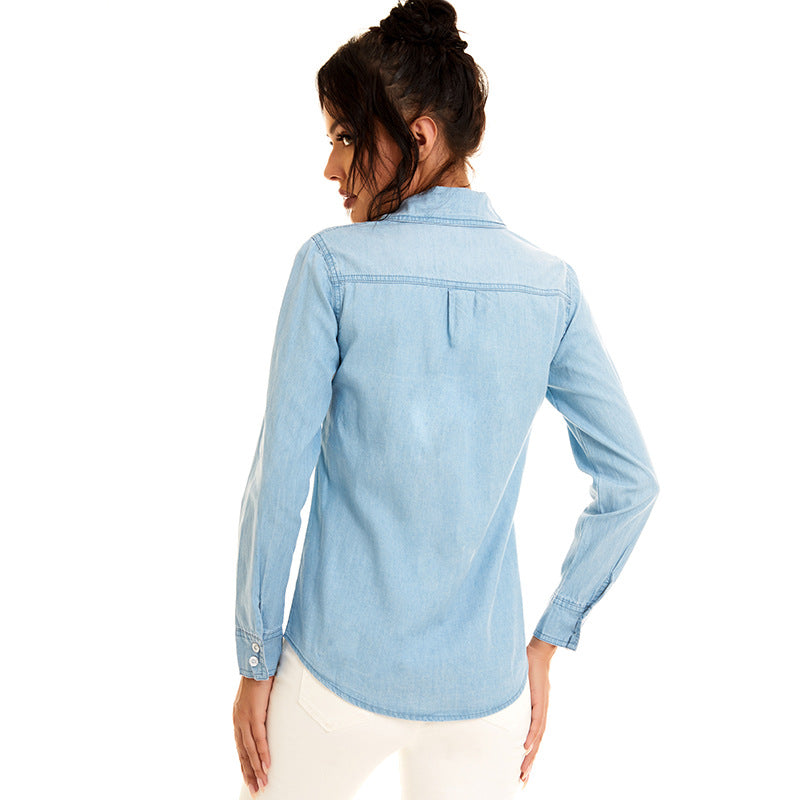 Women's Denim Irregular Pocket Shirt Jacket - Clevecorner