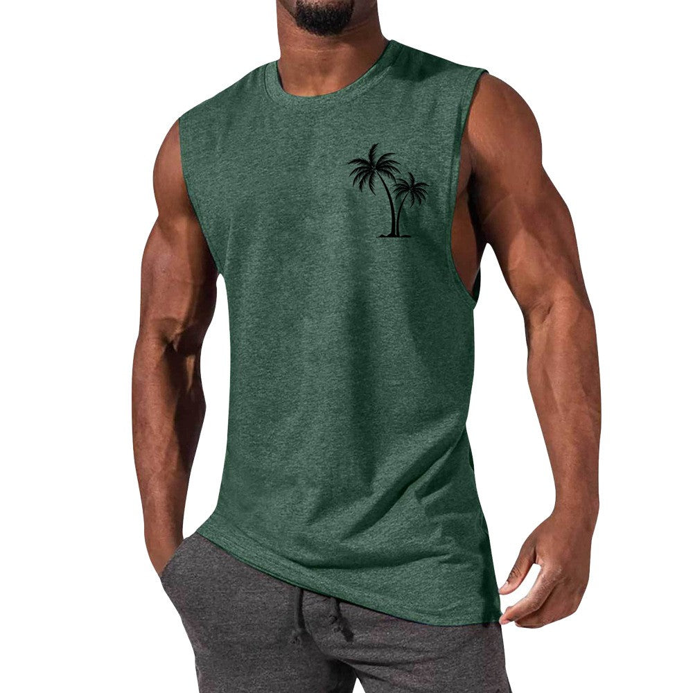 Coconut Tree Embroidery Vest Summer Beach & Workout Tank Top for Men