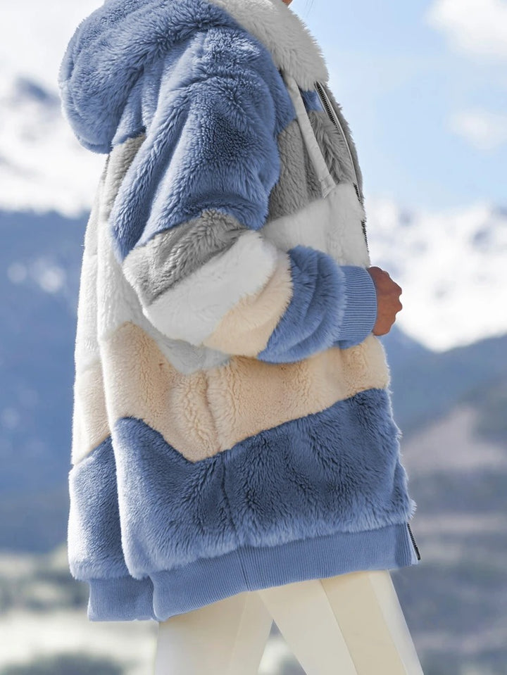 Women's Loose Plush Multicolor Hooded Jacket - Clevecorner