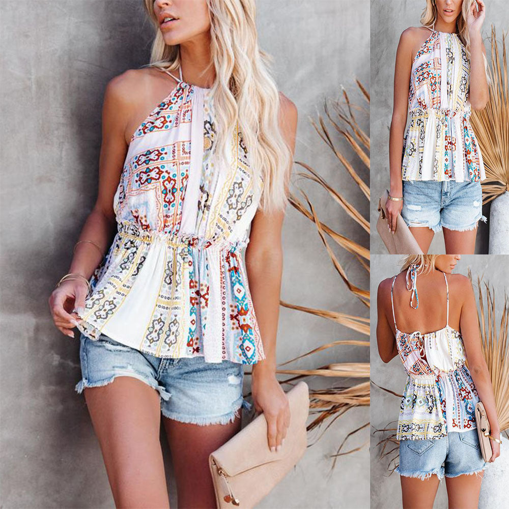 Summer Halterneck Print Vest Shirt Women's Top - Clevecorner