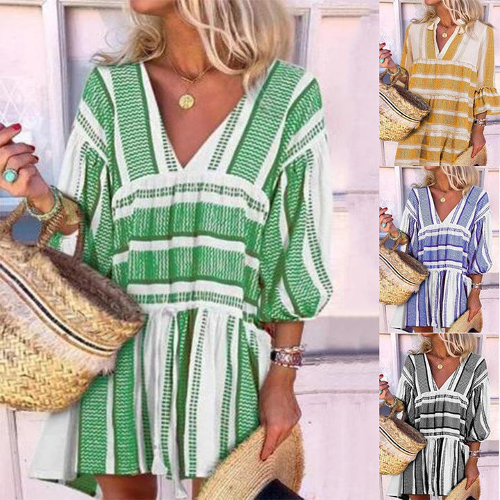 Women's Striped Print V Neck Three Quarter Sleeve Dress - Clevecorner