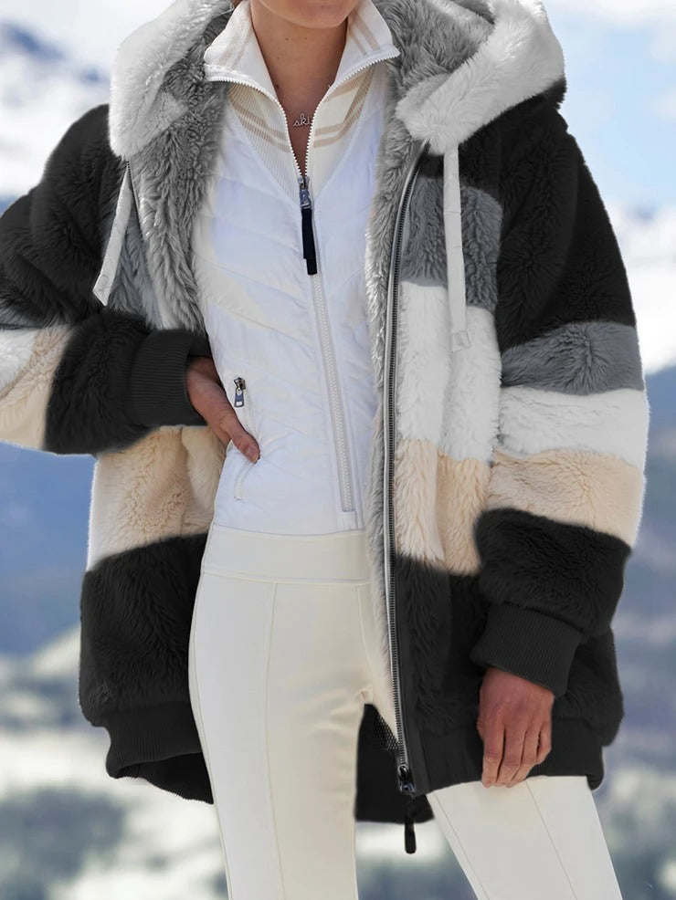 Women's Loose Plush Multicolor Hooded Jacket - Clevecorner