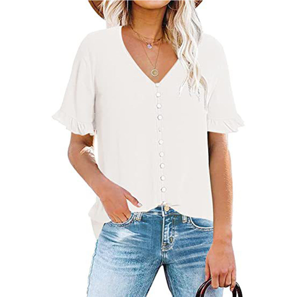 Women's Ruffle V-Neck Button-Down Shirt - Clevecorner