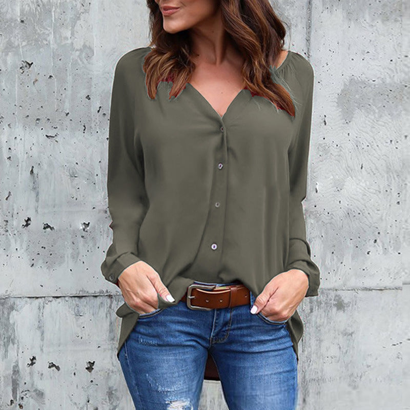 V-neck pleated button chiffon shirt - Clevecorner