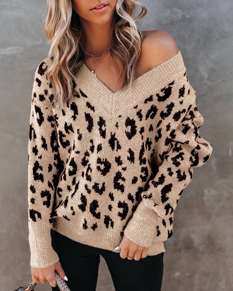 Loose Casual V-neck Strapless Leopard Print Core-spun Yarn Sweater