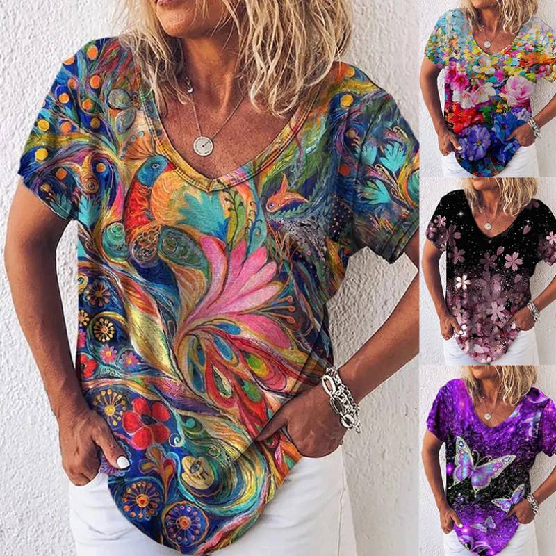 Summer Popular Floral Print Short-sleeved V-neck T-shirt For Women - Clevecorner