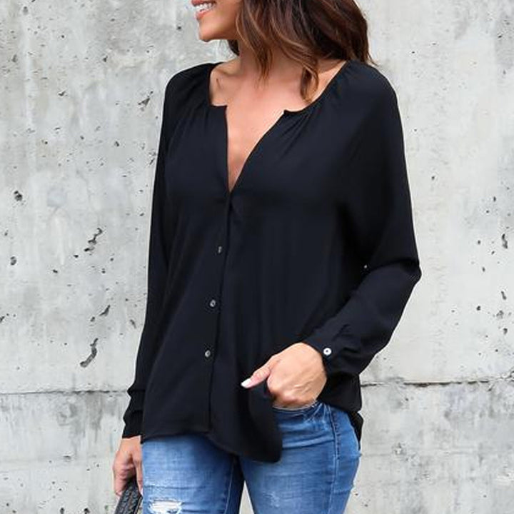 V-neck pleated button chiffon shirt - Clevecorner