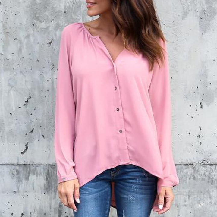 V-neck pleated button chiffon shirt - Clevecorner